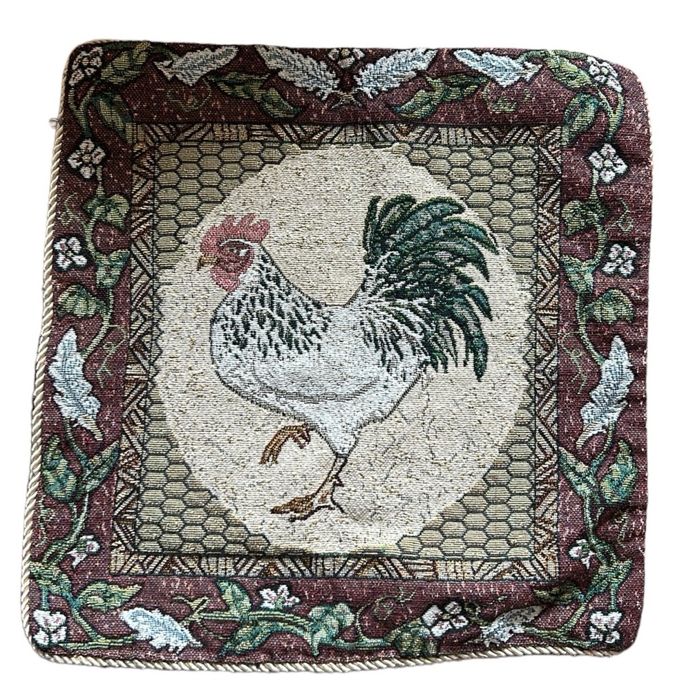 Vintage Rooster tapestry pillow cover ~15” square corded‎ Embroidered zippered